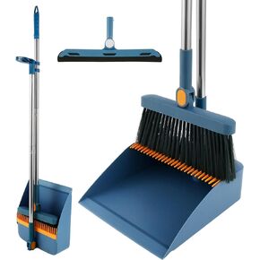 Broom and Dustpan Set for Home, 180° Rotating Broom Combo with Comb Teeth, Foldable Stand Dust Pans, Long Handle Broom and Dustpan Combo Set for Cleaning Kitchen Room Office Lobby Floor (Blue)