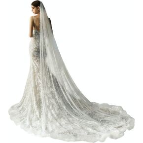 AMBRE ADÈLE Cathedral Bridal Long Tulle Veil With Pearl, Wedding Veil for Brides