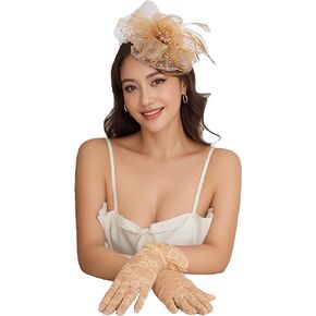 QIYIFAN 2PC Women's Fascinator and Lace Glove Wedding Tea Party Kentucky Derby Fascinator Hats with Headband and Clip for Ladies Gold