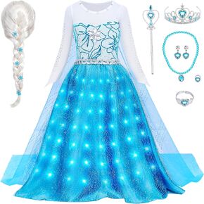 G.C Girls Light Up Elsa Dress Costume Toddler Princess Dress Up with Cape Kids Elsa Wig Crown Toys Halloween Cosplay