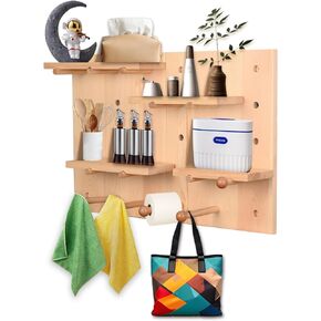 Perforated Wood Pegboard，Wall Pegboard，Peg Shelf，Gaming Pegboard，Bamboo Floating Shelves，Wall Hooks with Shelf，2 Sets of 11.8in*15.7 Hole Board Wall Shelves(Charcoal-Grilled Color), ZW001