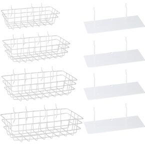 Hotop 4 Pack Pegboard Shelf Basket Peg Board for Walls Organizer Square Style Wire Baskets Hooks to Any Organize Tools Workbench Accessories Garage Storage Wall Mount Attachments, White