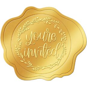 300 Pcs Gold Envelope Seal Stickers Embossed Foil, You're Invited Stickers for Envelope Sealing, Self-Adhesive You're Invited Stickers for Wedding Invitation Card Baby Shower Birthday Christmas Party