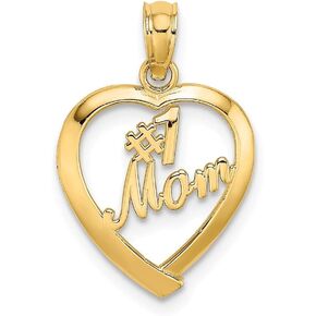 Solid 14k Yellow Gold Number One # 1 Mom in Heart Charm Pendant - 19mm x 13mm