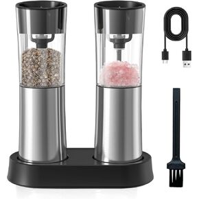 Electric Salt and Pepper Grinder Set — Gravity Rechargeable Salt Pepper Grinder with Charging Base and LED Light, Adjustable Coarseness, Large Capacity, One-handed Operation Salt Pepper Mills