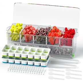 Dimber Chilled Condiment Server with Upgraded Drain Device, Condiment Tray with 2 Ice Cube Tray, Condiment Caddy with 500 Small Fruit Forks, Condiment Organizer with Lid,Perfect for Organizing