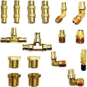 Air Hose Fittings Kit 1/4" 3/8" Push to Connect Fittings Air Line Fittings Air Brake Repair Kit with Brass Reducers Brass Quick Connect DOT Air Fittings 17pcs