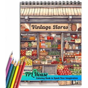 TPLHOUSE Vintage Stores Coloring Book for Adults Women Seniors Girls, Premium Cover, Capturing Cozy and Quaint Ambiance Coloring Book Spiral Bound, 30 Pages Coloring for Stress Relief and Relaxation