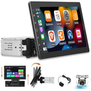 10 inch Detachable Single Din Car Stereo with CarPlay and Android Auto, 10.1 Touch Screen 1 Din Radio with Mirror Link/1080P/EQ Audio/SWC/Bluetooth +Backup Camera+MIC
