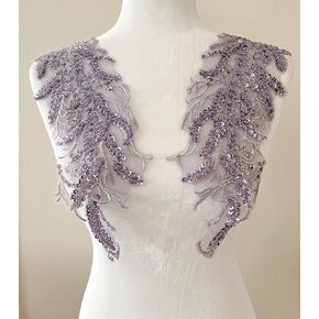 PEPPERLONELY 1 Pair 3D Lace Beaded Sequins Flower Mirror Sew on Embroidered Lace Applique Wedding Dress Bride's Headdress Adornment DIY Patch Clothing Accessories, 4 x 13.75 Inches, Rose Gold