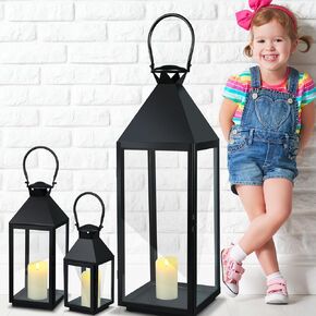 Mifoci Jumbo Black Metal Decorative Lanterns with Clear Glass Panel Hurricane Lantern Candle Lantern for Home Decor Party Event Tabletop Front Porch Wall Hanging Indoor Outdoor (2 Pcs,24'')
