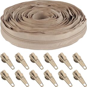 10 Yards #5 Nylon Coil Zipper Tape with 10 Metal Slider Pulls - Tan