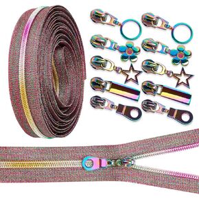 #5 Rainbow Zipper, 5 Yards Zipper Tape, with 10Pcs Rainbow Zipper Pulls, Nylon Coil Colorful Teeth and 5 Metal Zipper Pulls, Zippers for Sewing DIY Tailor-for Replacement Zipper Tape and Zipper Pulls