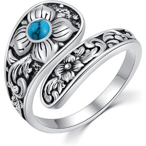 Turquoise Ring for Women Adjustable 925 Sterling Silver Flower Filigree Spoon Ring Victorian Vintage Oxidized Boho Flower Rings Thumb Rings Jewelry Gifts for Women Girls