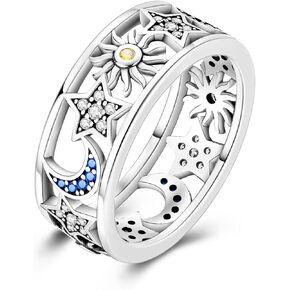 925 Sterling Silver Wedding Band Eternity Rings for Women & Girls | Cubic Zirconia Hollow Design Sun Moon Star Theme | 8mm Wide, Hypoallergenic, Minimalist & Lightweight