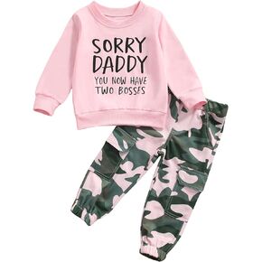 Toddler Baby Girl Spring Fall Outfit Letter Print Long Sleeve Pullover Sweatshirt & Camouflage Pants Clothes Set