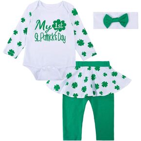 Baby Girls Romper Outfit 1st St Patrick's Day Long Sleeve Clothes Green Skirt Newborn Dress Bodysuit Pants Set