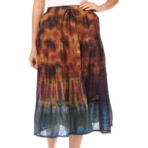 Sakkas Antonia Women's Skirt Tie Dye Boho Elastic Waist Adjustable Embroidery