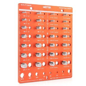 Bolt and Nut Identifier Gauge, Thread Identifier Checker, 14 Metric & 14 Standard Sizes Nut & Bolt Board with 8 Drilled Measuring Holes, Pre-Drilled for Easy Hanging and Mounting, Aluminum Alloy