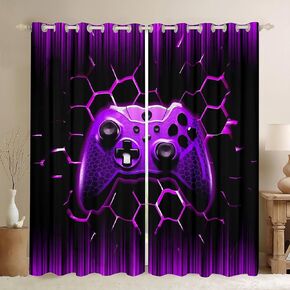 Manfei Geometric Gamepad Window Curtains Modern Gamer Window Drapes for Kids Game Room Decor, Purple Honeycomb Gaming Window Treatments Grommet Top 2 Panel Set Bedroom Curtains, 38Wx45L inch