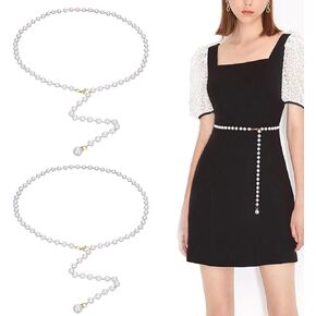 ASVNRES Rhinestone Pearl Elastic Waist Chain Belt, Women Skinny Metal Cinch Belt Gold Waist Belt