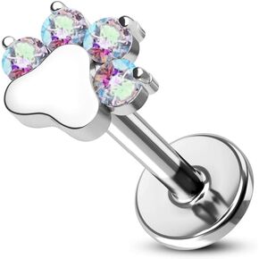 Cute Dog Paw Print Cartilage Labret Stud Earring Stainless Steel Crystal Cubic Zirconia Cat Kitten Puppy Animal Pet Tragus Monroe Helix Studs Lip Nose Rings Dainty Christmas Jewelry Gifts for Women Men 16G