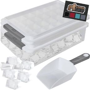 Gorilla Grip Stackable Ice Cube Tray and Bucket Set, Includes 2 Trays with Lid and Scooper, Easy Release, Makes 56 Cubes for Cocktail Soda Coffee, Leak Proof Freezer Bin Kit, Kitchen Gadget, Black