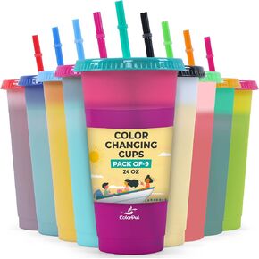 24oz Plastic Tumblers - 9 Pack Color Changing Cups With Lids and Straws - Reusable Smoothie Cups for Kids