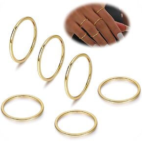 Masedy 6PCS 1-5mm 14K الذهب شغل التراص خواتم للنساء بسيطة المفصل الدائري الإبهام الخنصر ميدي بيان الفرقة حلقة تكويم رقيقة خاتم الذهب عادي الحد الأدنى البنصر الراحة تناسب حجم 5-10