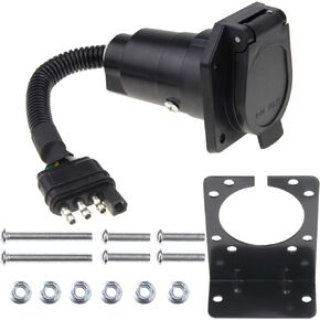 ZOOKOTO 4 Flat to 7 Way Blade Trailer Adapter Electrical Connector with Connector Socket Mounting Bracket