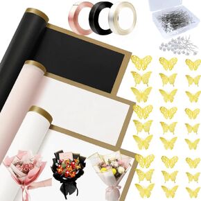60 Sheets Flower Wrapping Paper with Ribbon,Gold Edge Waterproof Bouquet Wrapping Floral Paper with 3D Butterflies and Diamond Pins for Valentine Wedding Birthday Gift Packing Black White Pink