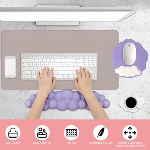 مجموعة مسند معصم للوحة المفاتيح السحابية مكونة من 4 قطع، وسادة لوحة مفاتيح من إسفنج الذاكرة ووسادة ماوس لدعم المعصم لتخفيف الألم مع وسادة أكواب ووسادة مكتب مع قاعدة مضادة للانزلاق للكمبيوتر المنزلي/المكتب كهدية عيد الميلاد in Kuwait