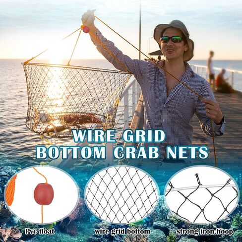 Poen Wire Grid Bottom Crab Nets Two Ring Crab Kit مع تسخير ومشبك الطعم 24 بوصة × 20 بوصة × 12 بوصة شبكة صيد قابلة للطي، قفص صب يدوي، شبكة صيد السمك in Saudi Arabia