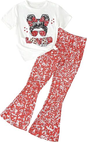 OYOANGLE Girl's 2 Piece Graphic Print Short Sleeve Top and Elastic Waist Flared Leg Pants Set Summer Outfits in Saudi Arabia