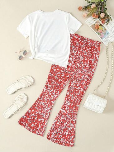 OYOANGLE Girl's 2 Piece Graphic Print Short Sleeve Top and Elastic Waist Flared Leg Pants Set Summer Outfits in Saudi Arabia