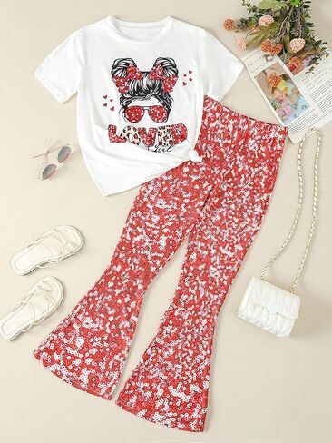 OYOANGLE Girl's 2 Piece Graphic Print Short Sleeve Top and Elastic Waist Flared Leg Pants Set Summer Outfits in Saudi Arabia