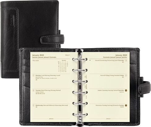 منظم Filofax Holborn، حجم الجيب، أسود - جلد الجاموس المحبب بالكامل، ست حلقات، مع مذكرات تقويم أسبوعية لعرضها، متعدد اللغات، 2024 (C025115-24) in Saudi Arabia