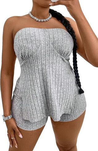 طقم ملابس نسائية من MakeMeChic مقاس كبير مكون من قطعتين، بلوزة طويلة مضلعة وسروال قصير لراكبي الدراجات in Saudi Arabia