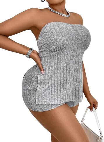 طقم ملابس نسائية من MakeMeChic مقاس كبير مكون من قطعتين، بلوزة طويلة مضلعة وسروال قصير لراكبي الدراجات in Saudi Arabia