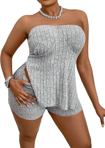 طقم ملابس نسائية من MakeMeChic مقاس كبير مكون من قطعتين، بلوزة طويلة مضلعة وسروال قصير لراكبي الدراجات in Saudi Arabia