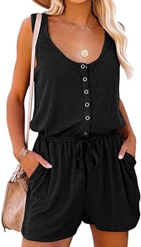 Cocoarm Women's Summer Sleeveless Romper Casual Crew Neck Button Waist Tie with Drawstring Tank Top Jumpsuit with Pocket(XXL-Black) in Saudi Arabia