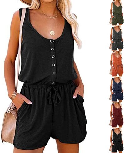 Cocoarm Women's Summer Sleeveless Romper Casual Crew Neck Button Waist Tie with Drawstring Tank Top Jumpsuit with Pocket(XXL-Black) in Saudi Arabia