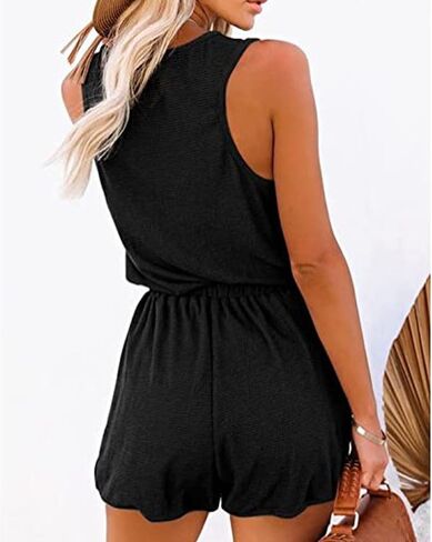 Cocoarm Women's Summer Sleeveless Romper Casual Crew Neck Button Waist Tie with Drawstring Tank Top Jumpsuit with Pocket(XXL-Black) in Saudi Arabia