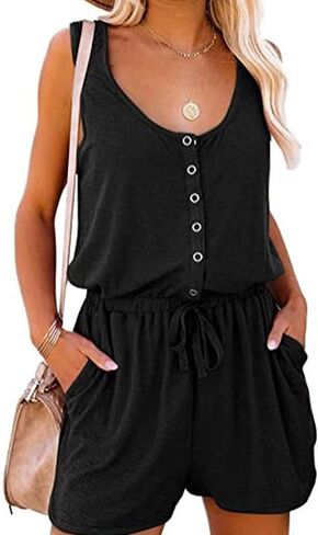 Cocoarm Women's Summer Sleeveless Romper Casual Crew Neck Button Waist Tie with Drawstring Tank Top Jumpsuit with Pocket(XXL-Black) in Saudi Arabia