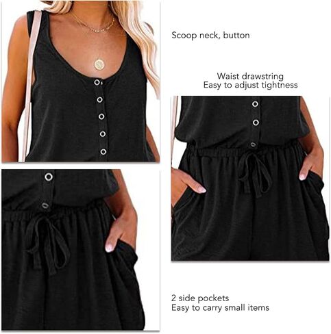 Cocoarm Women's Summer Sleeveless Romper Casual Crew Neck Button Waist Tie with Drawstring Tank Top Jumpsuit with Pocket(XXL-Black) in Saudi Arabia
