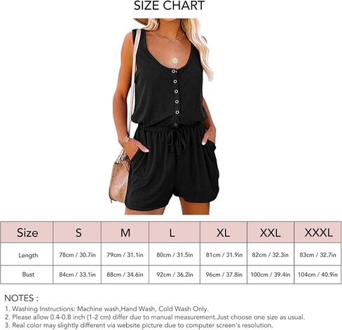 Cocoarm Women's Summer Sleeveless Romper Casual Crew Neck Button Waist Tie with Drawstring Tank Top Jumpsuit with Pocket(XXL-Black) in Saudi Arabia