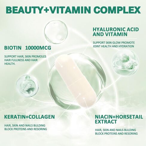 بيوتين 10000 ميكروجرام، كيراتين كولاجين بحري، حمض الهيالورونيك، دعم نمو الشعر، فيتامين أ، ج، د3، هـ، نياسين، شعر صحي، بشرة وأظافر، فيتامينات متعددة الفيتامينات للنساء والرجال، 120 كبسولة in Kuwait