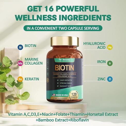 بيوتين 10000 ميكروجرام، كيراتين كولاجين بحري، حمض الهيالورونيك، دعم نمو الشعر، فيتامين أ، ج، د3، هـ، نياسين، شعر صحي، بشرة وأظافر، فيتامينات متعددة الفيتامينات للنساء والرجال، 120 كبسولة in Kuwait