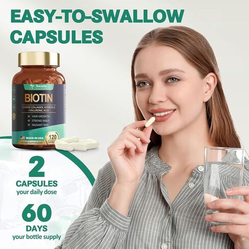 بيوتين 10000 ميكروجرام، كيراتين كولاجين بحري، حمض الهيالورونيك، دعم نمو الشعر، فيتامين أ، ج، د3، هـ، نياسين، شعر صحي، بشرة وأظافر، فيتامينات متعددة الفيتامينات للنساء والرجال، 120 كبسولة in Kuwait
