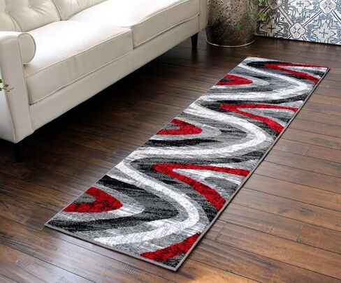 سجاد ماسادا، سجادة منطقة مجموعة ستيفاني بتصميم عصري معاصر 1107 أحمر رمادي أبيض أسود (2 قدم × 7 أقدام 3 بوصة) عداء in Kuwait